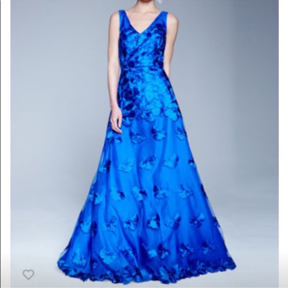 David Meister V-Neck Royal Blue Floral Appliqué Maxi Gown